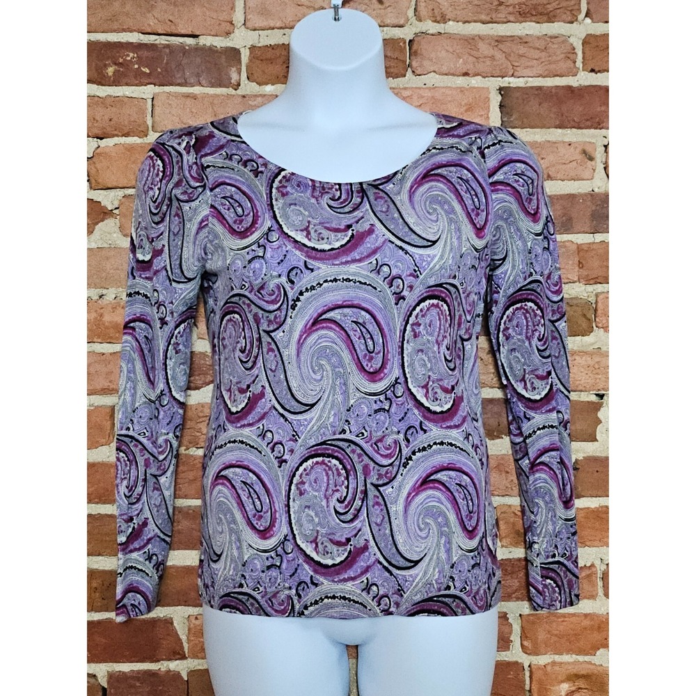 Talbots Sweater Women Medium Purple Paisley Pure Merino Wool Round Neck Pullover